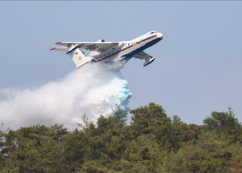 Azerbaycan’dan gelen uçak, yangına müdahale ediyor